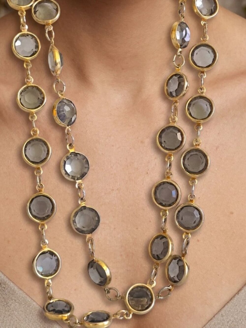 Vintage signed Austrian Crystal USA smoky topaz Crystal Bezel Necklace 34”Long